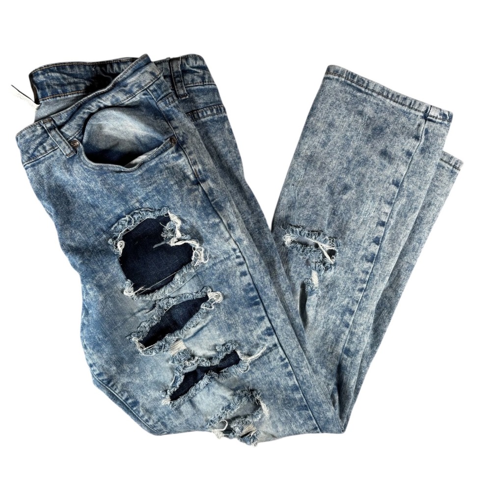 VTG 90a Y2K Street Denim Womens Acid Wash Distressed Skinny Jeans Blue SZ 15/16